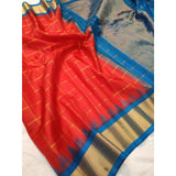 Handwoven pure Gadwal silk saree in red color with zari checks and wide zari border - Gadwal Silk Sarees