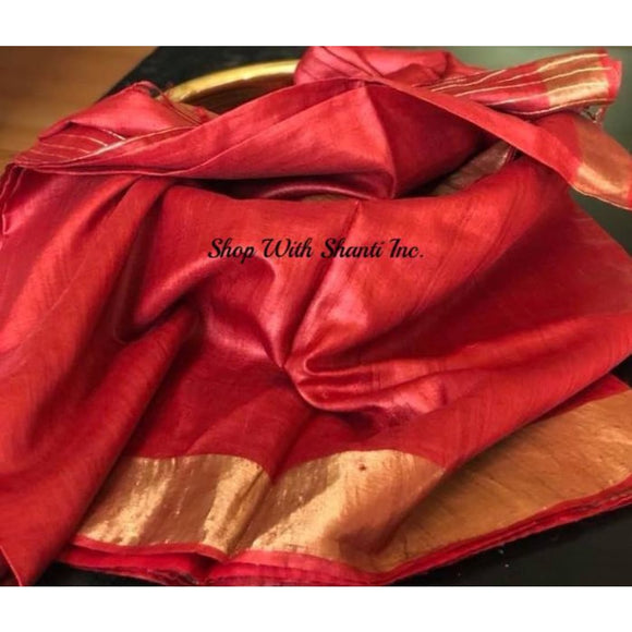 Handwoven pure Tussar Munga silk saree in red color - Tussar Munga Silk saree