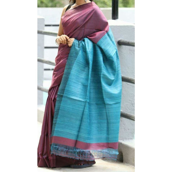Handwoven pure Tussar silk saree with ghicha pallu in burgandy and blue color - Tussar Silk Sarees
