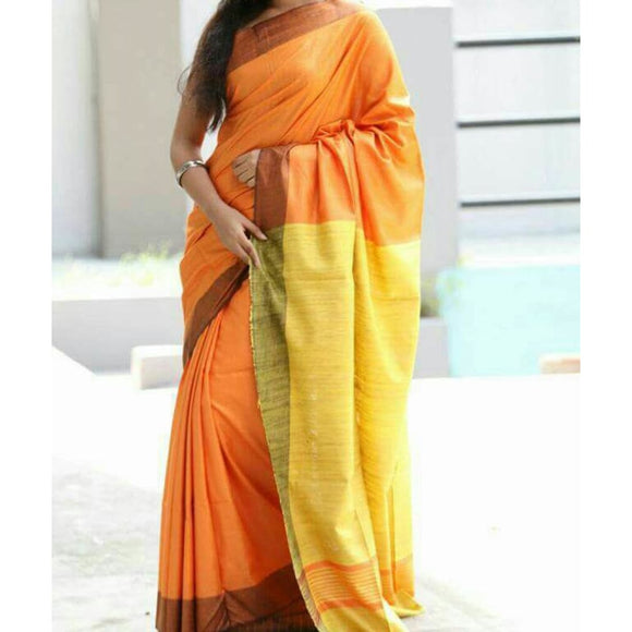 Handwoven pure Tussar silk saree with ghicha pallu in orange and yellow color - Tussar Silk Sarees
