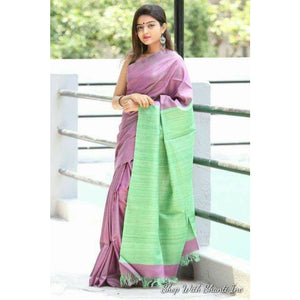Handwoven pure Tussar silk saree with ghicha pallu in purple and green color - Tussar Silk Sarees