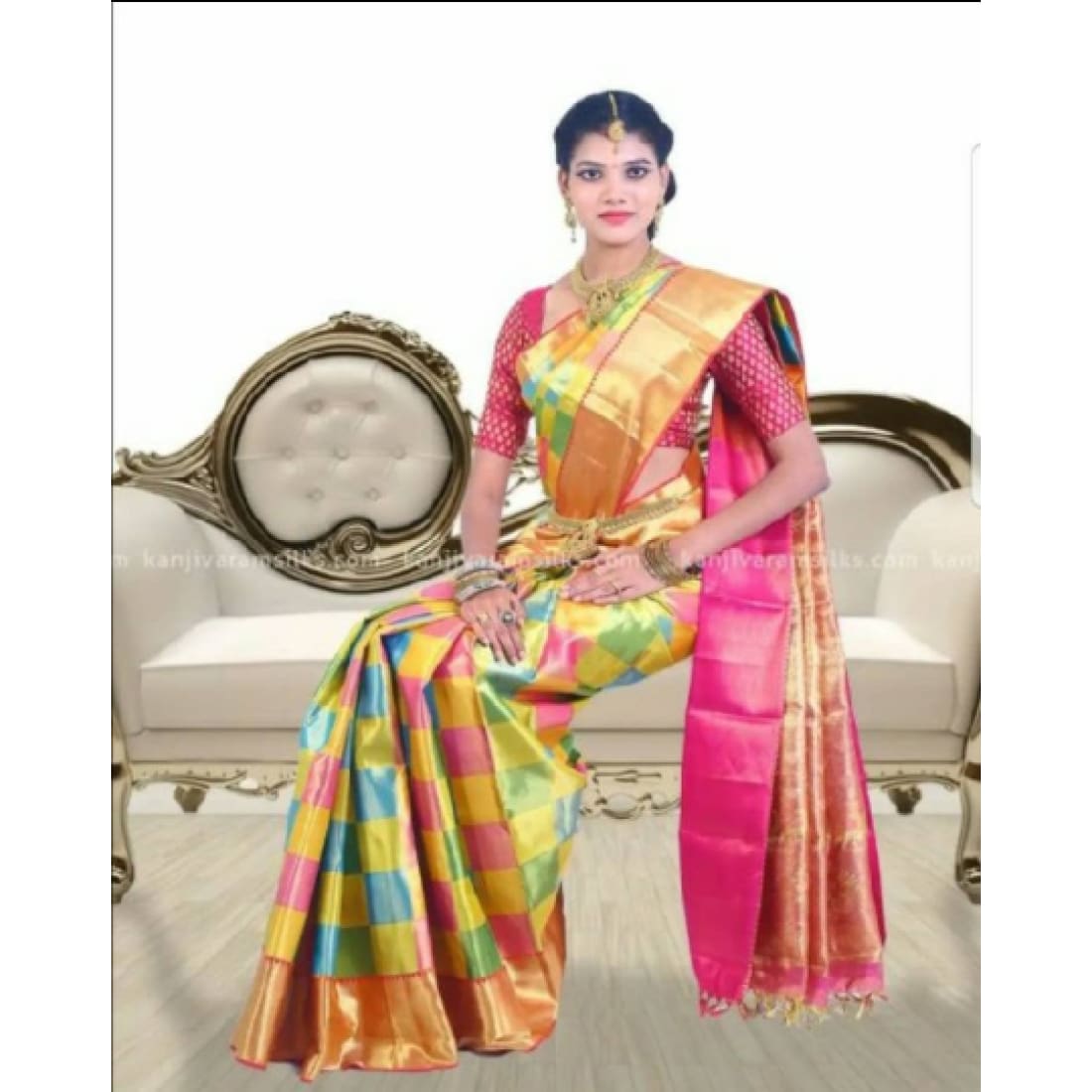 Multicolor Checks Kanchipuram High Tissue Bridal Wedding Saree