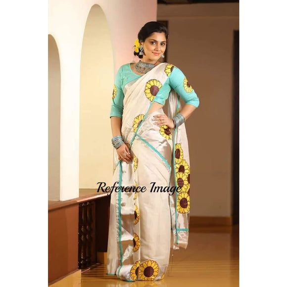 Kerala off-white semi tissue handwoven and hand painted floral designed two piece saree - Kerala Handwoven sarees