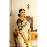 Kerala off-white with black golden zari border semi tissue handwoven and hand painted mural designed saree - Kerala Handwoven sarees