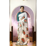 Kerala off-white with silver zari border semi tissue handwoven and hand painted floral designed saree - Kerala Handwoven sarees