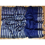 Linen 100 count black and white striped pure organic handwoven saree - Blue and white - Organic Linen sarees