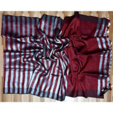Linen 100 count black and white striped pure organic handwoven saree - Maroon and white - Organic Linen sarees