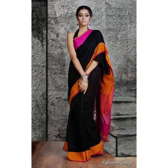 Linen 100 count black with orange and pink border pure organic handwoven saree - Organic Linen sarees