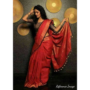 Linen 100 count red with black zari border pure organic handwoven saree - Organic Linen sarees
