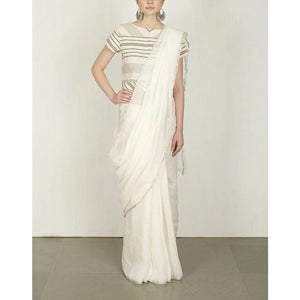 Linen 100 count white color pure organic handwoven saree with silver zari border - Organic Linen sarees