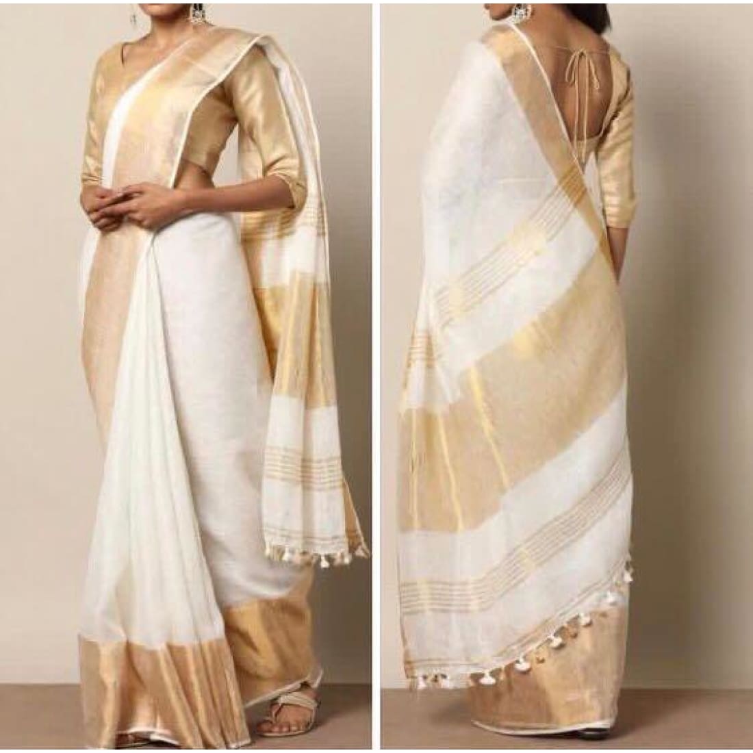 Wide Border Linen Saree in Ivory and Red with Gold Zari