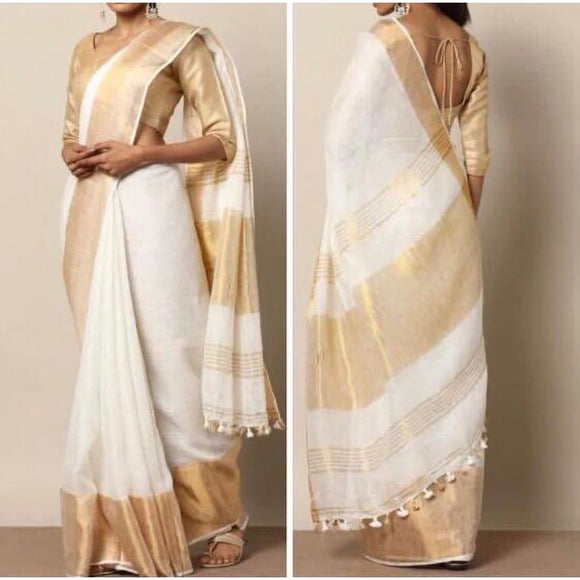 Linen 100 count white with gold wide zari border pure organic handwoven saree - Organic Linen sarees