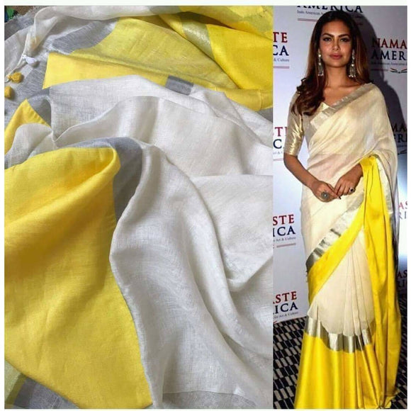 Linen 100 count white with yellow pure organic handwoven saree with silver zari - Organic Linen sarees
