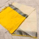 Linen 100 count white with yellow pure organic handwoven saree with silver zari - Organic Linen sarees