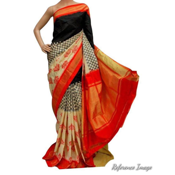 Pochampally ikkat black with multicolor border handwoven pure silk saree in floral design - Pochampally Ikkat Silk Sarees