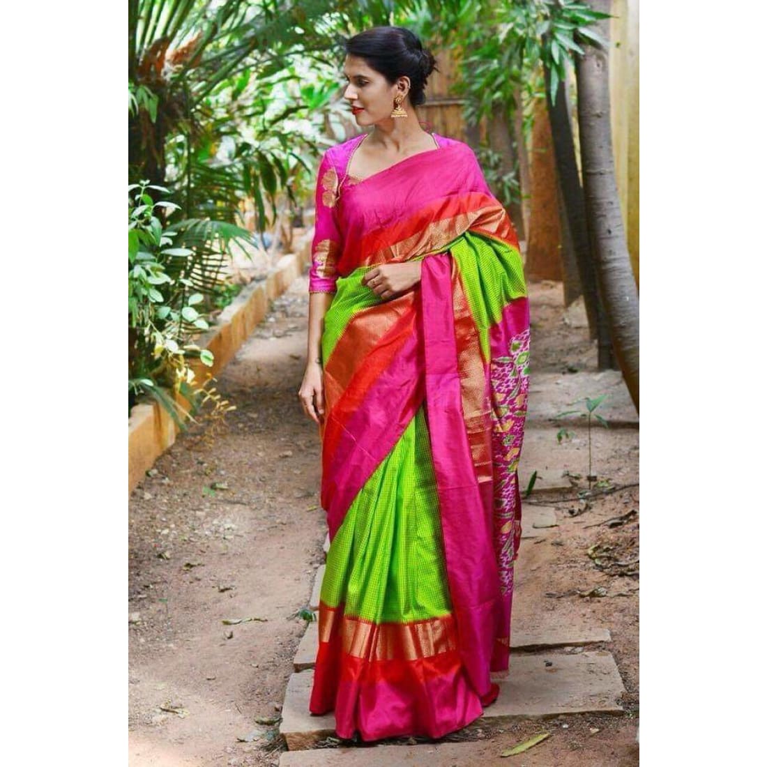 Pochampally ikkat green and pink small checks handwoven pure ...