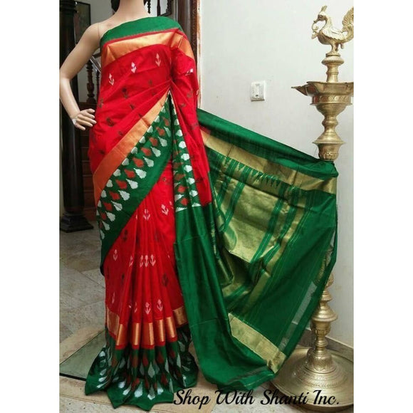 Pochampally ikkat red with green handwoven pure silk saree - Pochampally Ikkat Silk Sarees