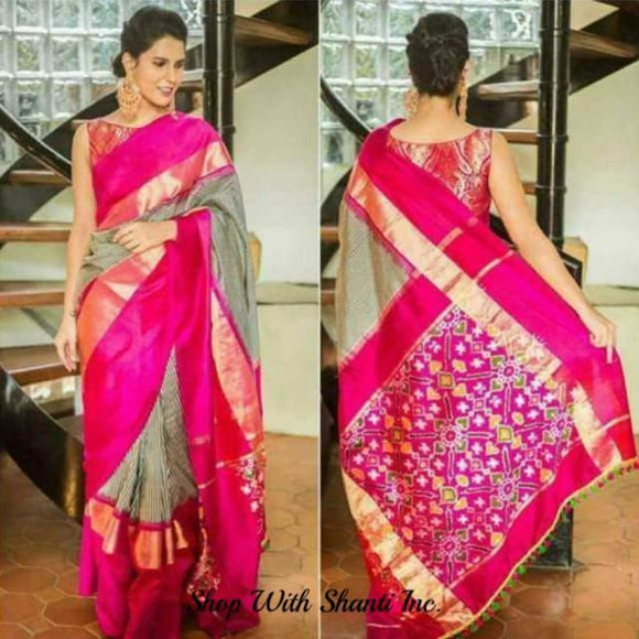 Pochampally ikkat white and black small checks with pink handwoven pure silk saree - Pochampally Ikkat Silk Sarees