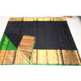 Uppada black with green handwoven pure silk saree with wide golden zari border - Uppada Plain Silk Saree