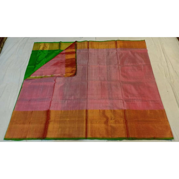 Uppada light pink with green handwoven pure silk saree with wide golden zari border - Uppada Plain Silk Saree