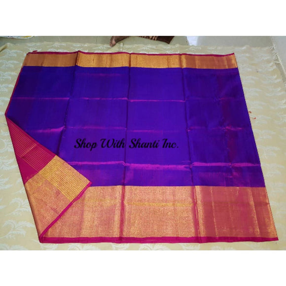 Uppada purple with pink handwoven pure silk saree with wide golden zari border - Uppada Plain Silk Saree