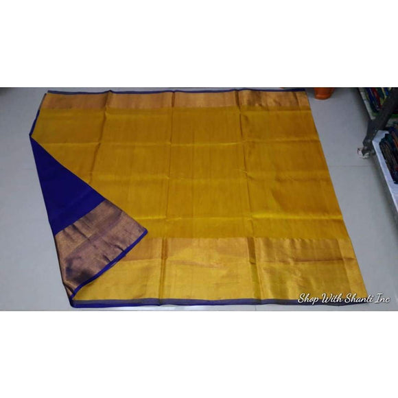 Uppada yellow with blue handwoven pure silk saree with wide golden zari border - Uppada Plain Silk Saree