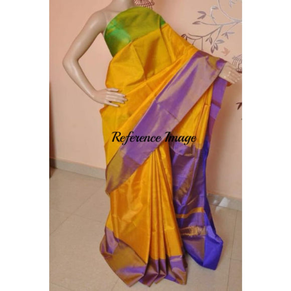 Uppada yellow with purple and green border handwoven full tissue saree - Uppada Tissue Saree