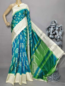 Pochampally ikkat bluish green with cream handwoven pure silk saree