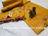 Embroidered pure Tussar Ghicha silk saree in mustard yellow