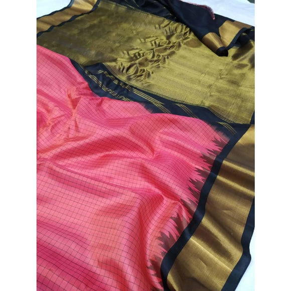 Handwoven pure Gadwal silk saree in pink color with checks and wide zari border - Gadwal Silk Sarees