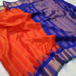 Handwoven pure Gadwal silk saree in red color with zari checks and wide zari border - Gadwal Silk Sarees
