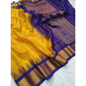 Handwoven pure Gadwal silk saree in yellow color with zari checks and wide zari border - Gadwal Silk Sarees