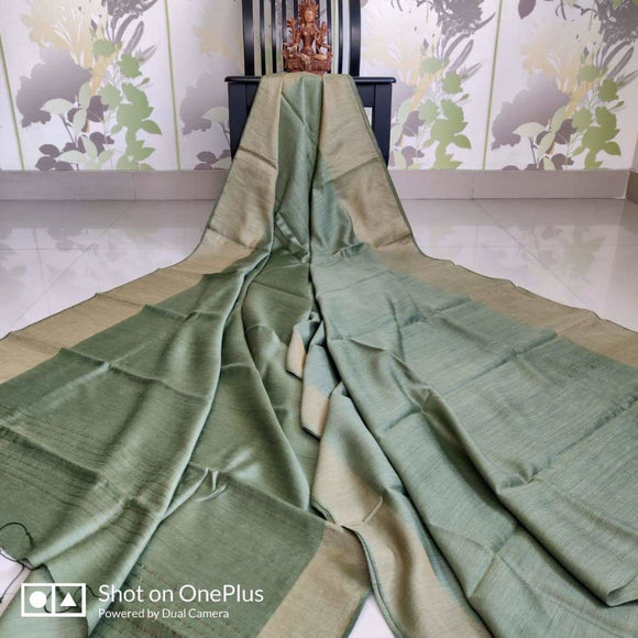 Handwoven pure Tussar Munga silk saree in moss green color - Tussar Munga Silk saree
