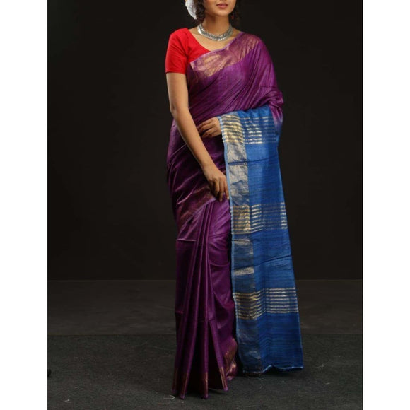 Handwoven pure Tussar silk saree in purple and blue color - Tussar Silk Sarees