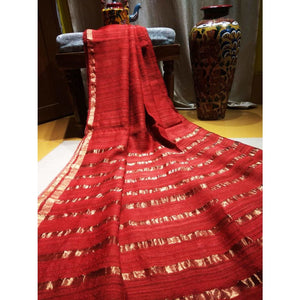 Handwoven pure Tussar silk saree with different color options - Red - Tussar Silk Sarees