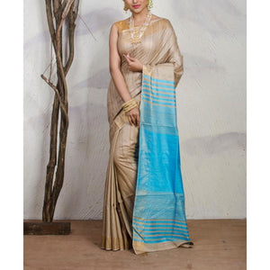 Handwoven pure Tussar silk saree with ghicha pallu with different color options - Beige with pink - Tussar Silk Sarees