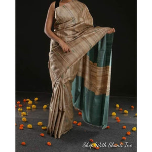 Handwoven pure Tussar silk saree with ghicha pallu in beige and blue color - Tussar Silk Sarees