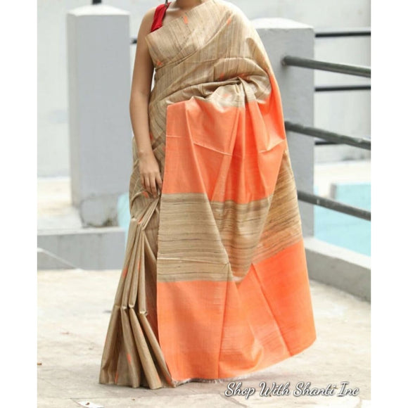 Handwoven pure Tussar silk saree with ghicha pallu in beige and orange color - Tussar Silk Sarees