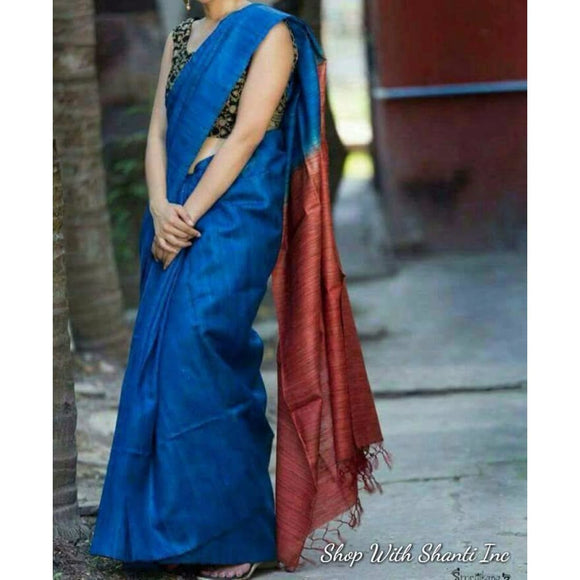 Handwoven pure Tussar silk saree with ghicha pallu in blue and maroon color - Tussar Silk Sarees