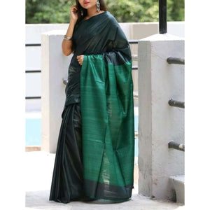 Handwoven pure Tussar silk saree with ghicha pallu in dark green and green color - Tussar Silk Sarees