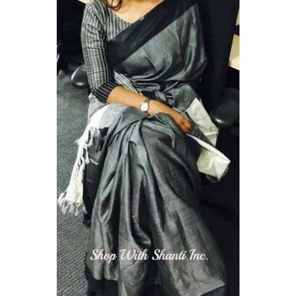 Handwoven pure Tussar silk saree with ghicha pallu in gray and black color - Tussar Silk Sarees