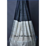 Handwoven pure Tussar silk saree with ghicha pallu in gray and black color - Tussar Silk Sarees