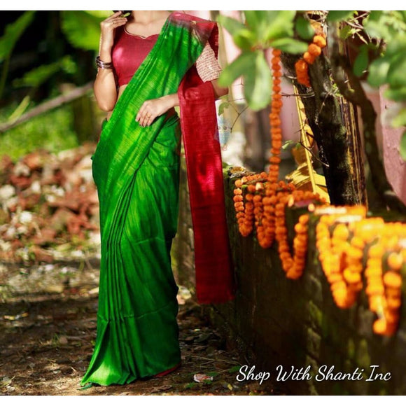Handwoven pure Tussar silk saree with ghicha pallu in green and red color - Tussar Silk Sarees
