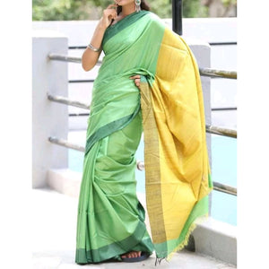 Handwoven pure Tussar silk saree with ghicha pallu in green and yellow color - Tussar Silk Sarees