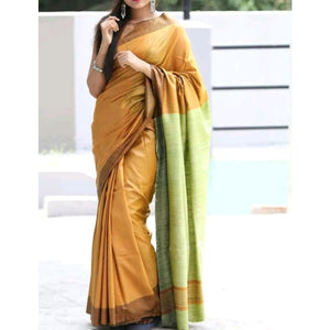 Handwoven pure Tussar silk saree with ghicha pallu in mustard yellow and green color - Tussar Silk Sarees