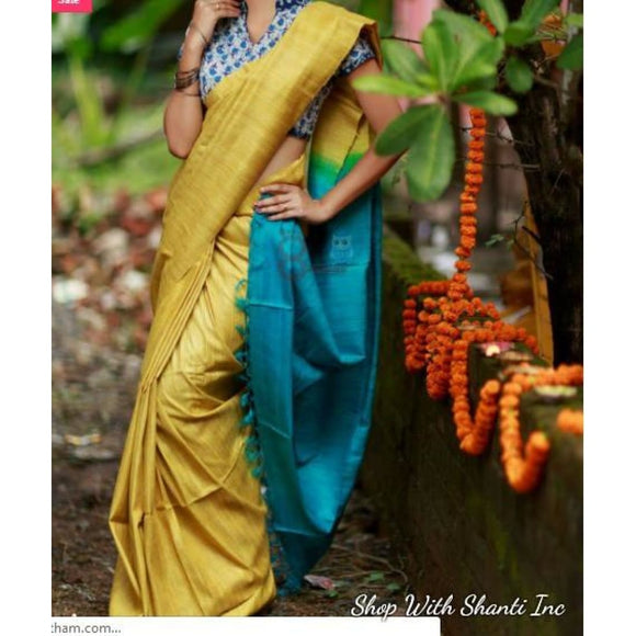Handwoven pure Tussar silk saree with ghicha pallu in yellow and blue color - Tussar Silk Sarees