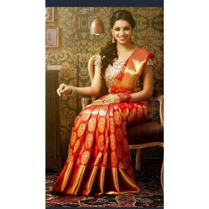 Kanchipuram red handwoven pure silk saree with big golden zari border and zari designed pallu - Kanchipuram silk saree