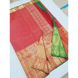 Kanchipuram red with green handwoven pure silk saree with big golden zari border - Kanchipuram silk saree