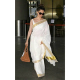 Kerala handwoven cotton plain saree in off white color with golden zari border - Kerala Handwoven sarees