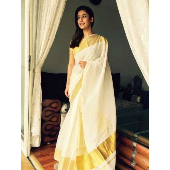 Kerala handwoven cotton plain saree in off white color with golden zari border - Big - Kerala Handwoven sarees